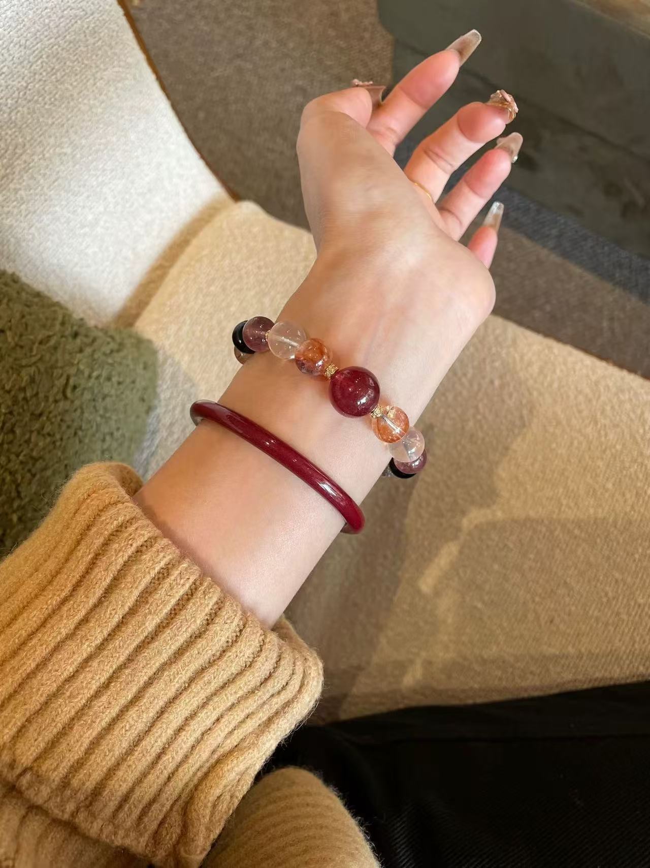 Crystal Oracle 5-Gem Energy Duo Bao Bracelet – Black Gold Super Seven, Hematoid Quartz, Strawberry Quartz, Pink Morganite & Black Tourmaline for Wealth, Love & Protection, Feng Shui Grounding Jewelry