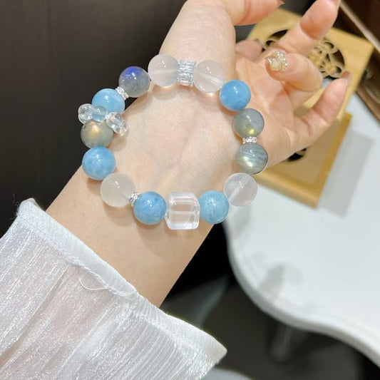 Crystal Oracle Natural Aquamarine & Gray Moonstone Bracelet – 12mm Triple Gemstone Energy Jewelry