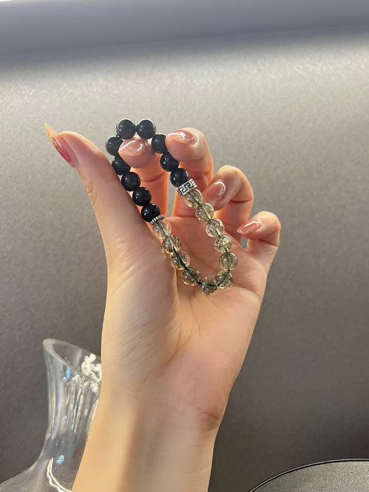 Crystal Oracle Green Rutilated Quartz & Golden Obsidian Bracelet for Career Growth and Focus