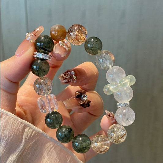 Crystal Oracle Natural Green Rutilated Quartz & Crystal Sugar White Quartz Bracelet – 14mm Wealth & Healing Energy