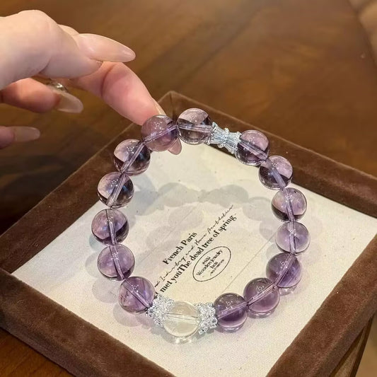 Crystal Oracle Natural Brazilian Amethyst 'Ice Grape' Bracelet with Clear Quartz Bead – Energy Crystal for Business Success & Spiritual Clarity