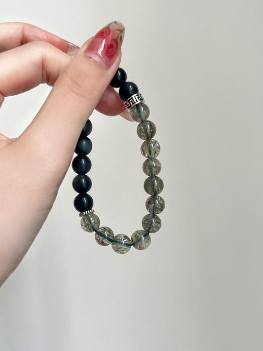 Crystal Oracle Green Rutilated Quartz & Golden Obsidian Bracelet for Career Growth and Focus
