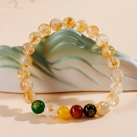 Crystal Oracle Natural Golden Rutilated Quartz & Five Wealth Gods Bracelet – Lucky Agate Charm Elastic Energy Jewelry