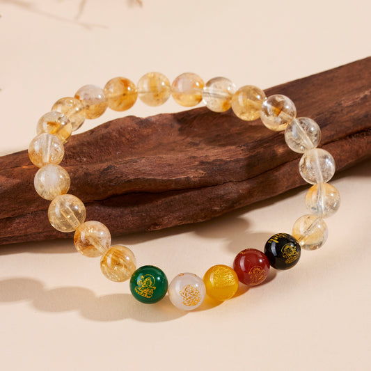 Crystal Oracle Natural Golden Rutilated Quartz & Five Wealth Gods Bracelet – Lucky Agate Charm Elastic Energy Jewelry
