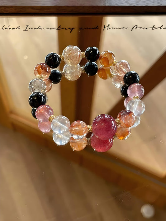 Crystal Oracle 5-Gem Energy Duo Bao Bracelet – Black Gold Super Seven, Hematoid Quartz, Strawberry Quartz, Pink Morganite & Black Tourmaline for Wealth, Love & Protection, Feng Shui Grounding Jewelry