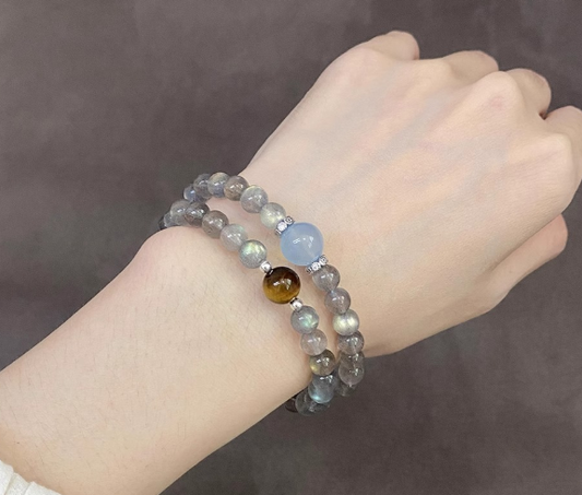 Crystal Oracle Double Strand Moonstone Bracelet with Aquamarine & Tiger's Eye – Natural Gemstones & 925 Silver Accents